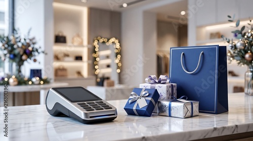 Blue gift bags and presents stacked beside a modern payment terminal on a marble countertop