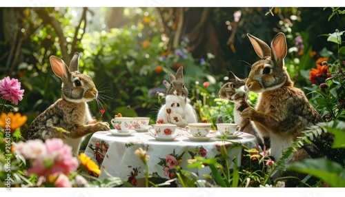 Cute rabbits having a tea party in a garden.