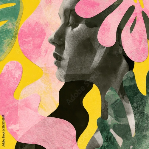 Dreamlike abstract illustration featuring a solitary figure, bold pink and green shapes on a bright yellow backdrop, text-space ready