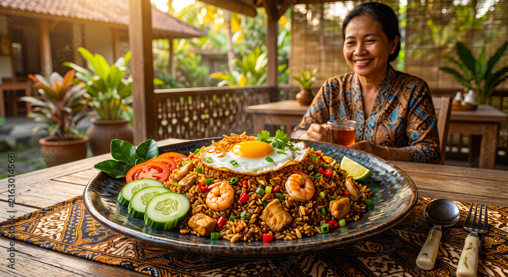 Obraz premium Indonesian Nasi Goreng with Chicken Shrimp and Traditional Batik Culture