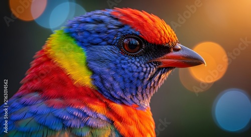Close up portrait of a vibrant rainbow colored bird with bokeh background