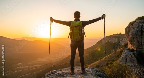 Hiker standing on mountain peak with arms raised at sunset, celebrating success and freedom.