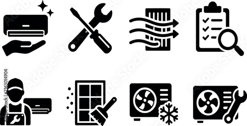 Professional HVAC Service Icon Set Featuring Air Conditioner Repair, Maintenance, Installation, and Filtration. Black Glyph Vector Graphics for Cooling System Business and Technical Support.
