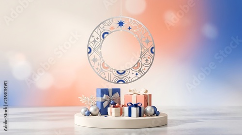 Hanging ornate circle ornament suspended above wrapped gifts on a white pedestal