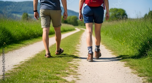 Couple hiking on a rural dirt path in summer, active people walking outdoors in nature.