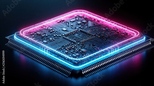 Close-up view of illuminated circuit board with neon light accents. Complex electronic components and pathways on a computer chip. Digital tech concept.