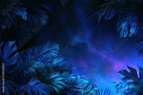 Dreamy Blue Botanical Leaves Against a Night Sky with Stars for Versatile Background Artwork