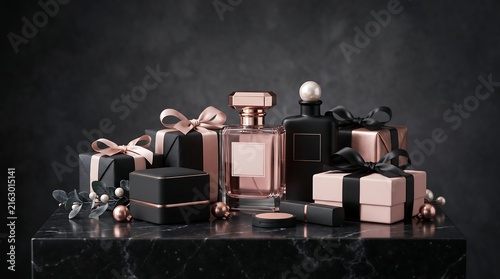 Elegant perfume bottles arranged with gift boxes and ribbons on a dark marble surface