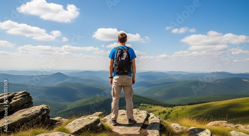 Hiker standing on mountain peak looking at scenic landscape view