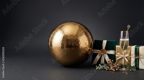 Hammered gold sphere resting beside wrapped gifts and a champagne flute on a dark surface