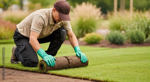 Professional landscaper laying new sod rolls on a residential lawn for garden renovation.