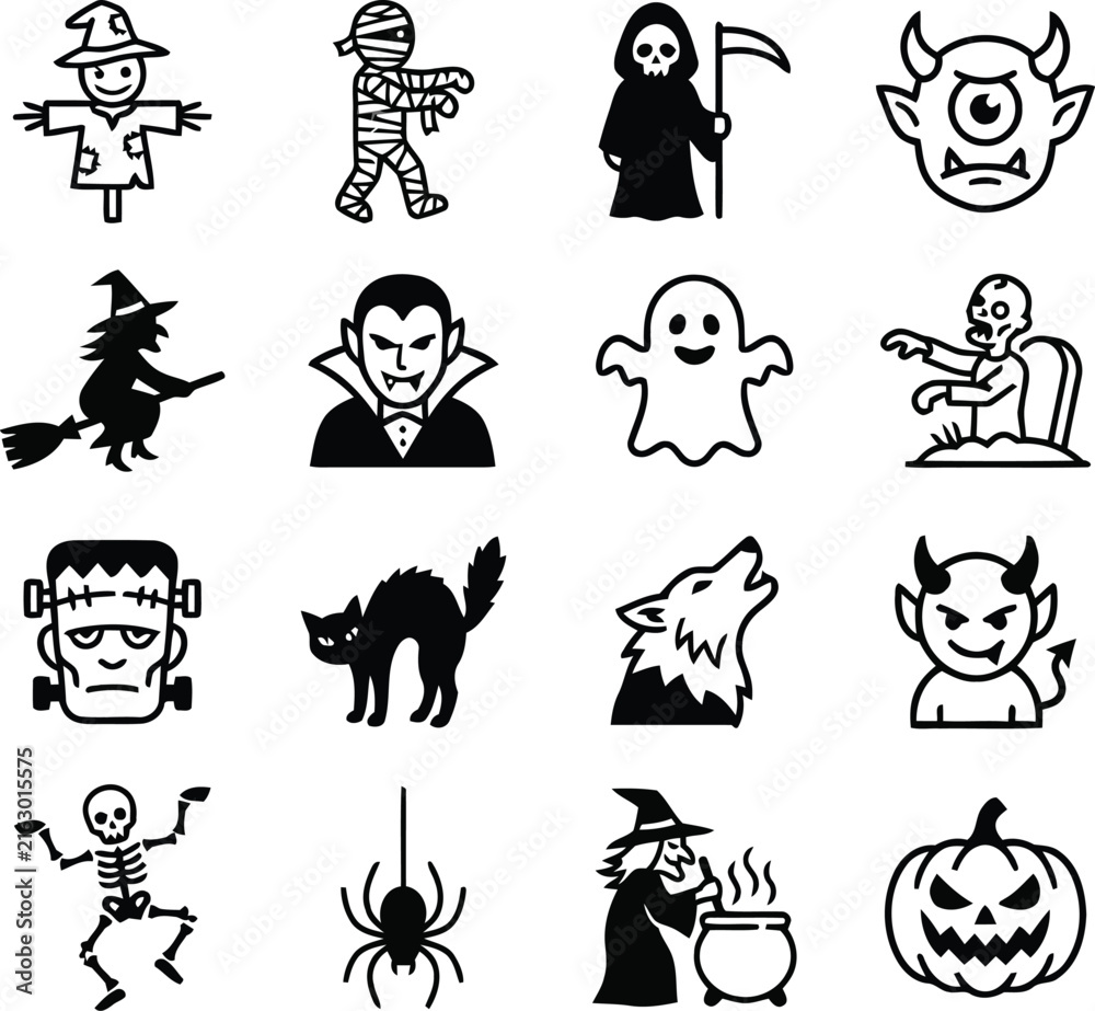 Fototapeta premium Halloween character icons with flat silhouettes on a white background
