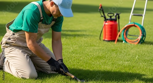 Professional gardener kneeling on lawn using tools for grass maintenance and landscaping.
