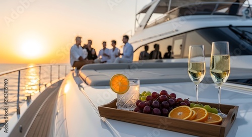 Group of friends enjoying sunset drinks and snacks on a luxury yacht deck at sea