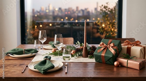 Festive table setting with wrapped gifts and glassware near a city skyline at dusk