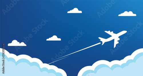 An illustration of a passenger jet soaring upward into the bright blue sky, leaving a white contrail behind against fluffy clouds.