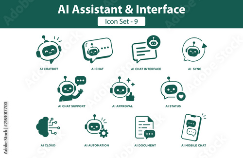 AI Assistant and Interface Icon Set Featuring Chatbot, Automation, Cloud, and Mobile Messaging Concepts
