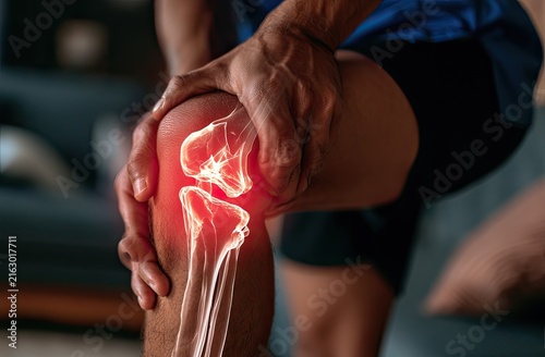 Close-up of a person's knee with highlighted bones and red inflammation, indicating pain