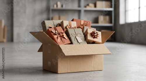 Gift boxes spilling out of an open cardboard box in a bright minimalist room.