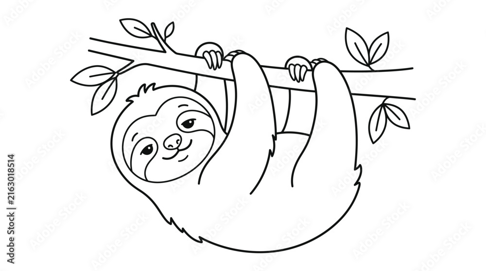 Naklejka premium Cute cartoon sloth hanging from a tree branch illustration for children coloring page line art