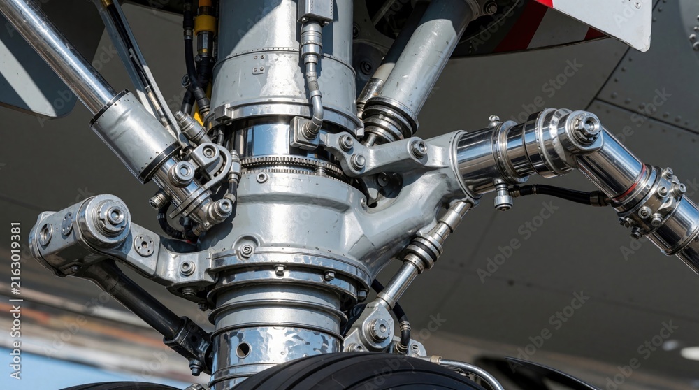 Naklejka premium Close up of airplane landing gear complex mechanics. Aircraft wheel strut assembly with hydraulic lines and metal structure. Aviation engineering detail.