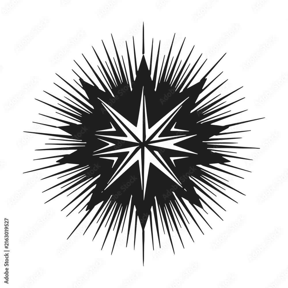 Fototapeta premium Black and white silhouette of a starburst or compass rose shape with sharp radiating spikes, isolated on a white background for
