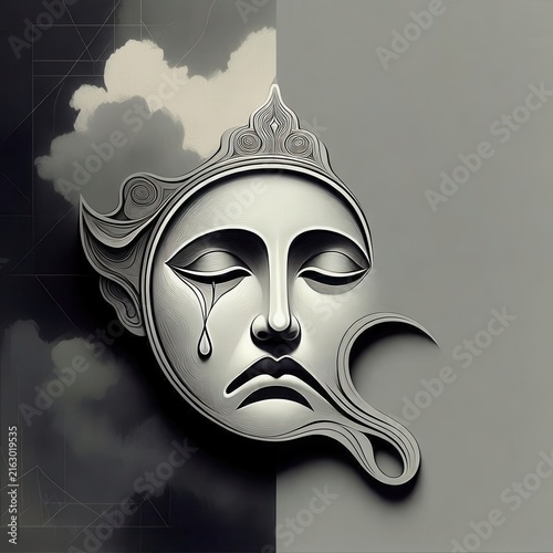Monochrome surreal sad face with ornate lines, closed eyes and a single tear on gray background