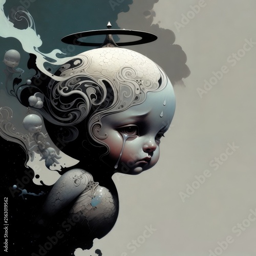 Surreal sad child figure with ornate swirling head patterns, tears and large copy space