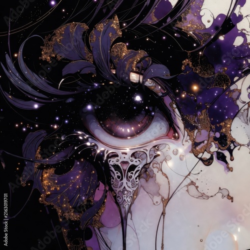 Surreal cosmic eye surrounded by purple floral forms, gold accents and glowing stars on black