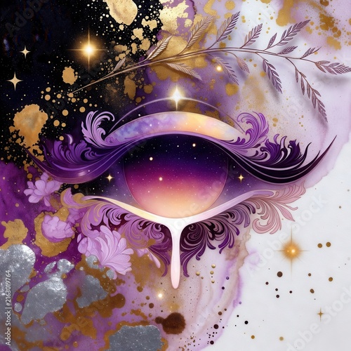 Ornate purple cosmic eye with gold splashes, stars and floral watercolor details on white background