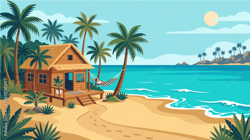 Fototapeta premium Tropical beach villa illustration featuring palm trees a relaxing hammock and calm blue ocean waves under a bright sunny sky