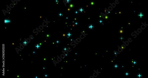 Abstract cyan blue glowing cross stars and small green particles floating on dark background stock