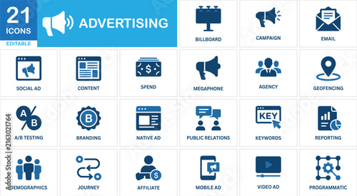 Advertising solid icon set. Marketing, campaigns, ads. Vectors for promotion apps.