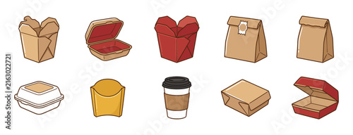 Take away food packaging and delivery containers vector illustration set with packaging container delivery