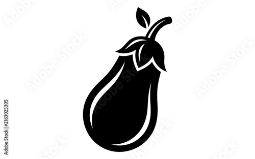 Black isolated eggplant with green stem and leaves Vector