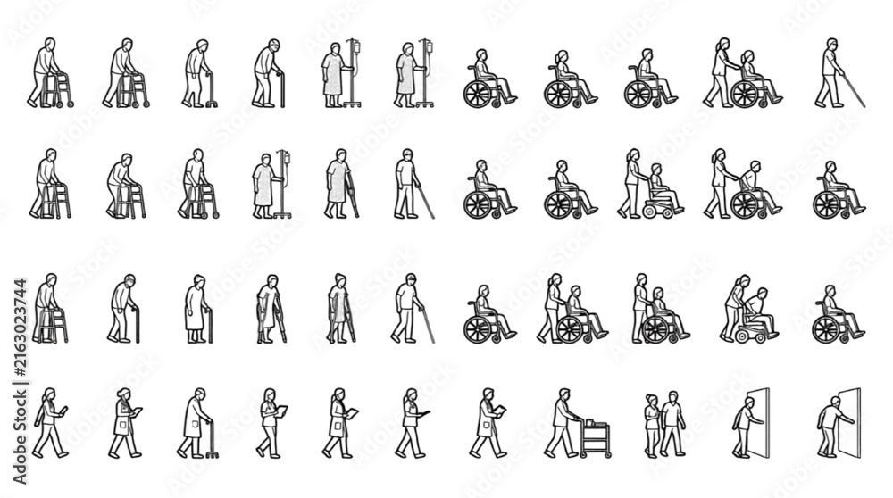 Fototapeta premium Elderly Patient CAD Elevation Vector Set Wheelchair Walker Cane Crutches Nurse 