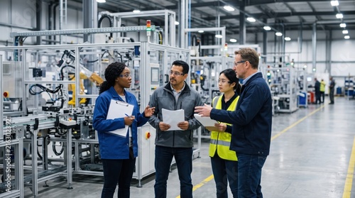 Diverse Team Discussing Project Plans in Modern Manufacturing Facility with Advanced Technology and Equipment