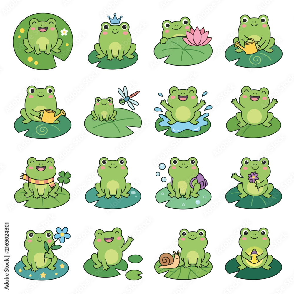 Fototapeta premium Cartoon Frogs Engaged in Playful Everyday Activities.