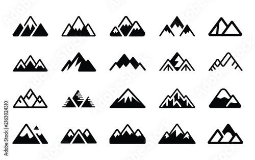Mountain icons set black silhouette snow peak outdoor adventure landscape logo elements vector illustration isolated on clean white background
