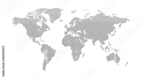 Dotted world map vector illustration composed of halftone grid points with halftone continents geography