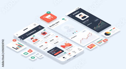 Isometric ecommerce mobile app interface concept. Smartphone mockup with online shopping, delivery and statistics. E-commerce application design with charts and icons.