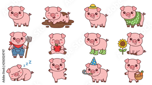 Cartoon pigs engaging in various playful activities.