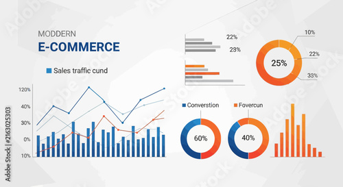 Modern E-Commerce Dashboard Interface Template. Blue and Orange Vector Analytics Charts. Statistical Data Visualization Infographic Elements for Business Reports.