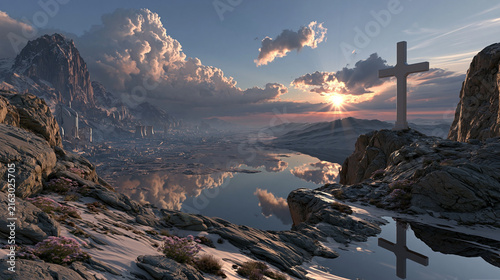Christian Cross Overlooking Dramatic Mountain Lake