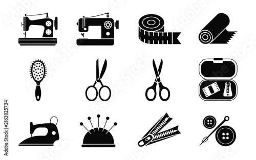 Sewing equipment and tailor tools vector icon set including sewing machine scissors tape measure pin cushion zipper isolated on white
