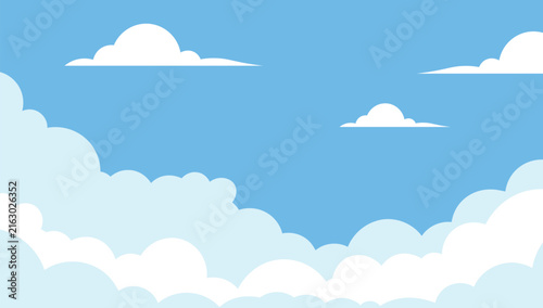 Blue sky background with soft white cartoon fluffy clouds floating around, perfect for nature, weather, and fantasy designs.
