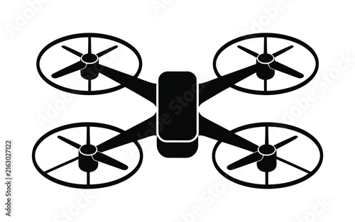 Black quadcopter drone vector icon silhouette design element for technology aviation app isolated on plain clean white background graphic