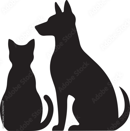 Isolated black silhouette of a sitting dog and a sitting cat together