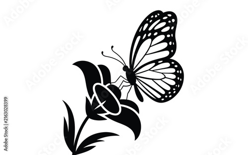 Black and white butterfly sitting on a blooming flower silhouette vector illustration for logo icon tattoo design isolated on white