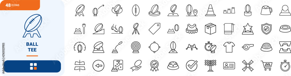 Fototapeta premium Rugby Ball Tee line icon set. Vector pictograms of equipment, accessories, kicking, and training elements, thin linear illustration.